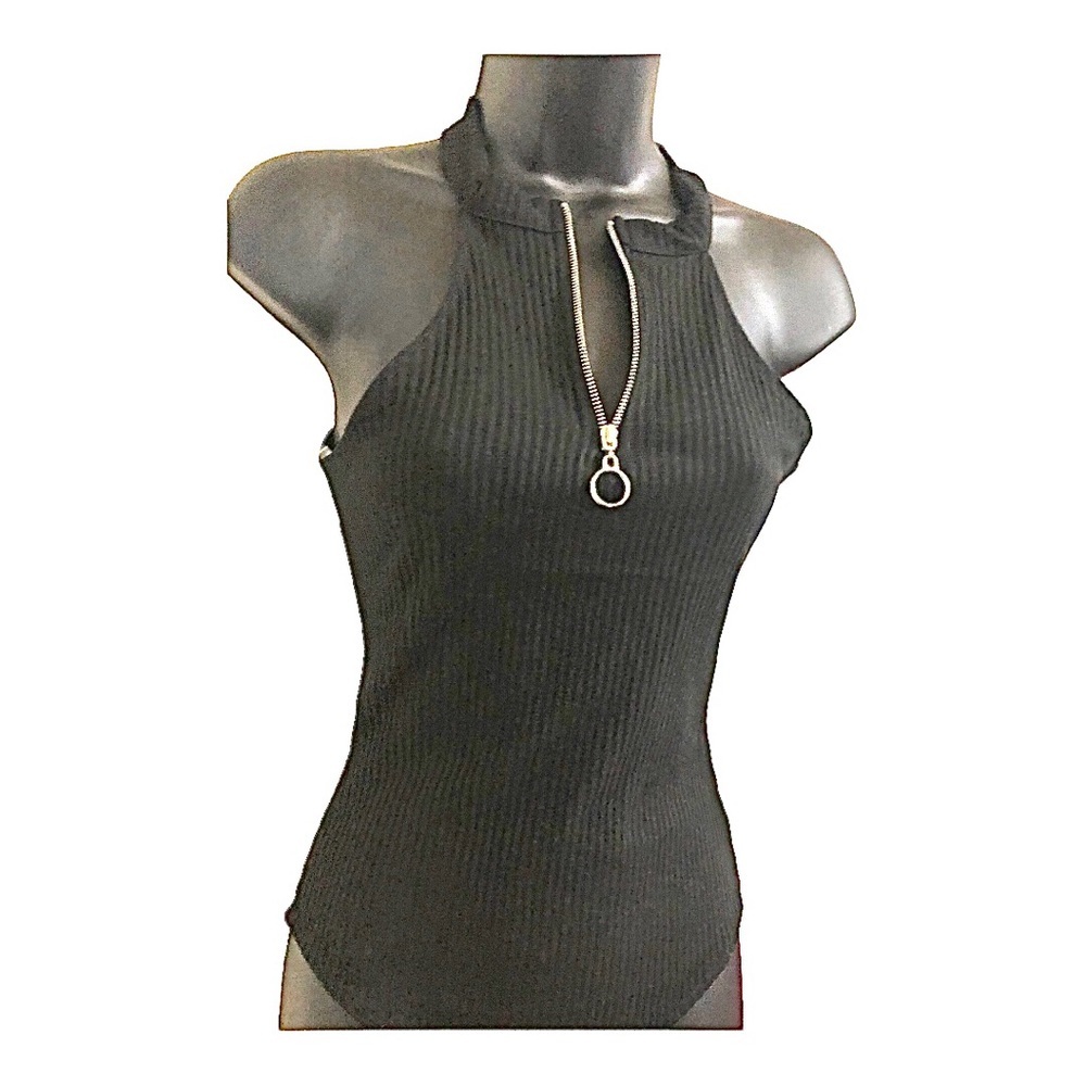 Black ribbed half zip sleeveless stretch mock neck bodysuit size small new